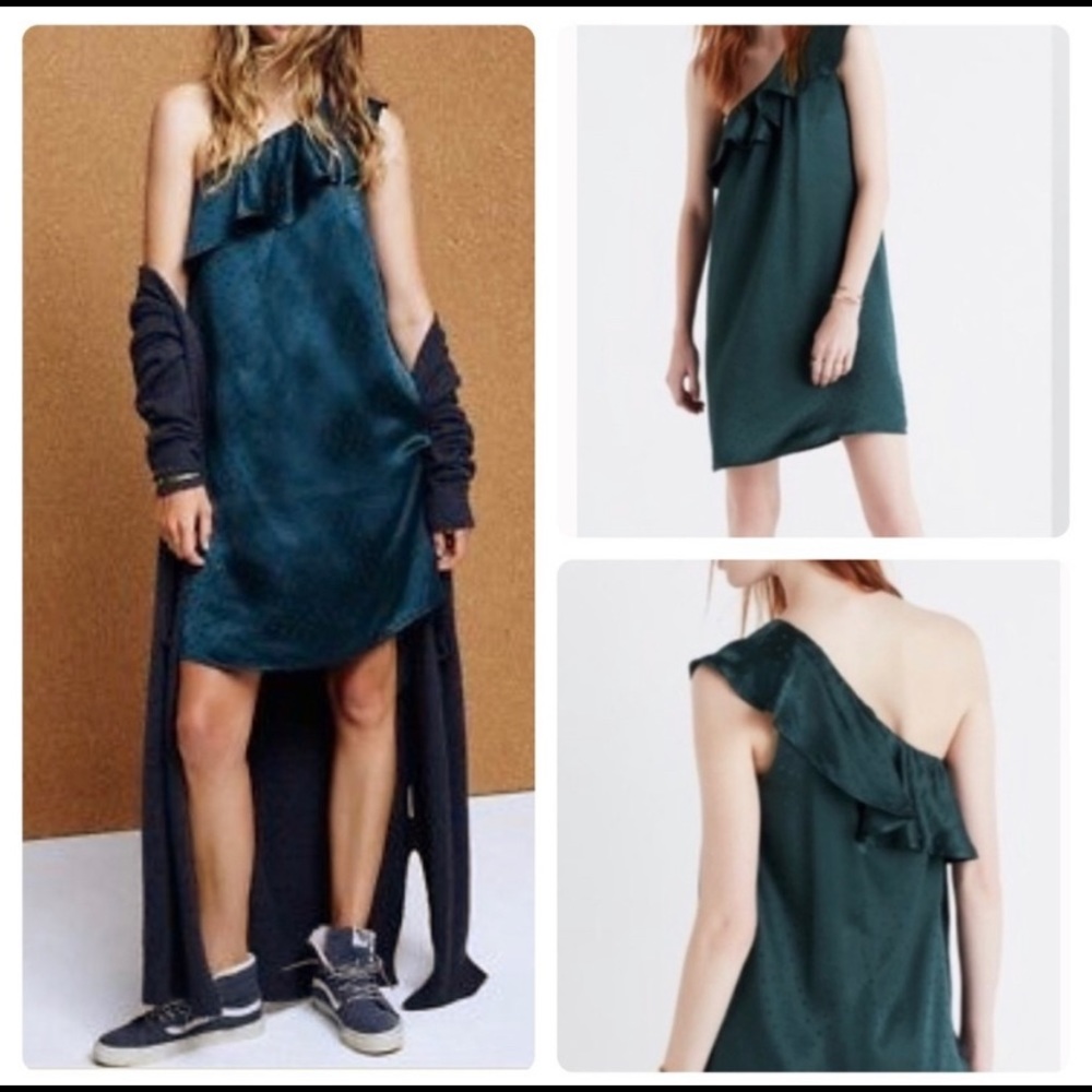 NWT Madewell Silk Green Dancefloor Polka Dot Ruffle One-shoulder Dress Size 6